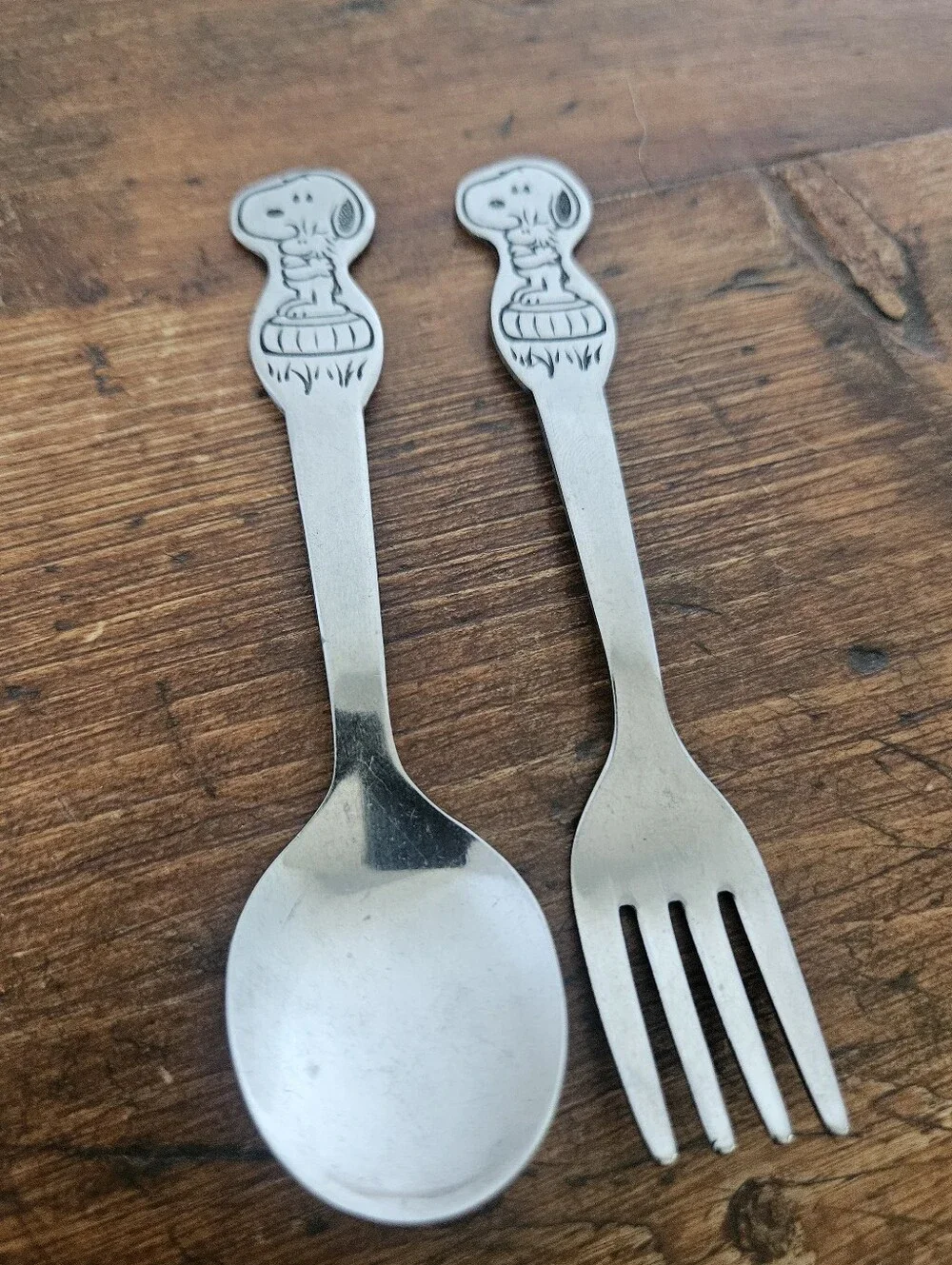 Vintage Danara Snoopy And Woodstock Fork And Spoon Childs Cutlery Set Silverware